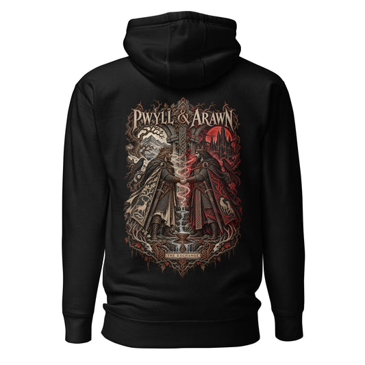Back view of black Corrupt Couture Pwyll and Arawn hoodie, The Mabinogion collection
