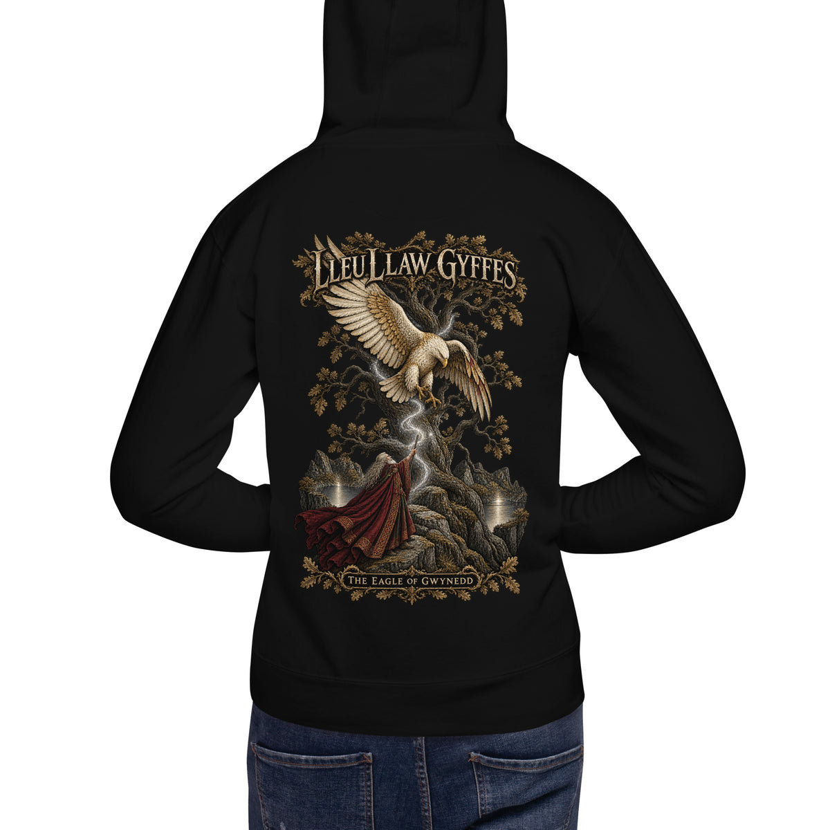 Back-view mockup of Lleu Llaw Gyffes black hoodie from Corrupt Couture's Mabinogion collection