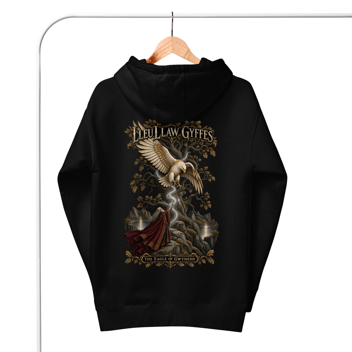 Back-view mockup of Lleu Llaw Gyffes black hoodie from Corrupt Couture's Mabinogion collection