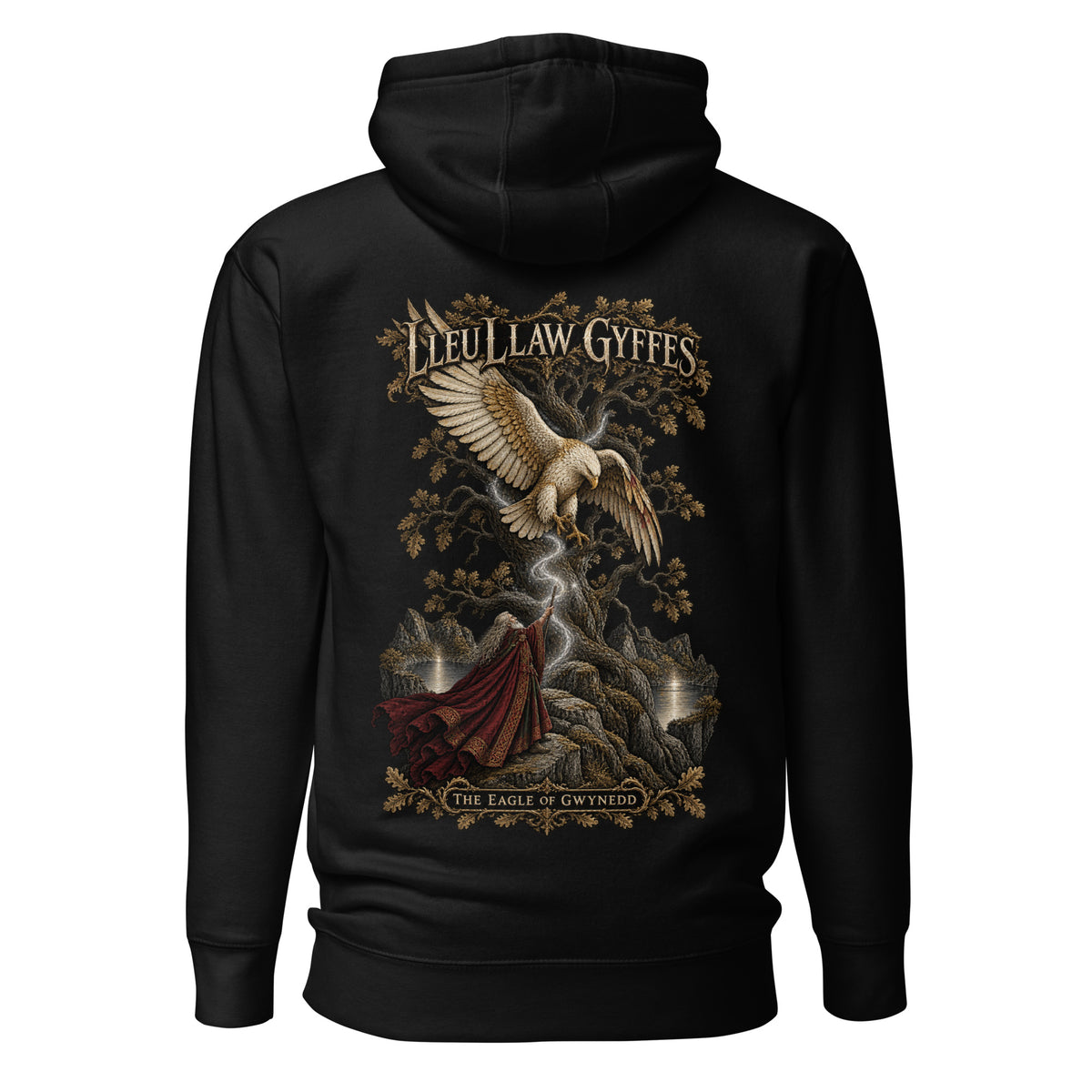 Back view of black Corrupt Couture Lleu Llaw Gyffes hoodie, The Mabinogion collection
