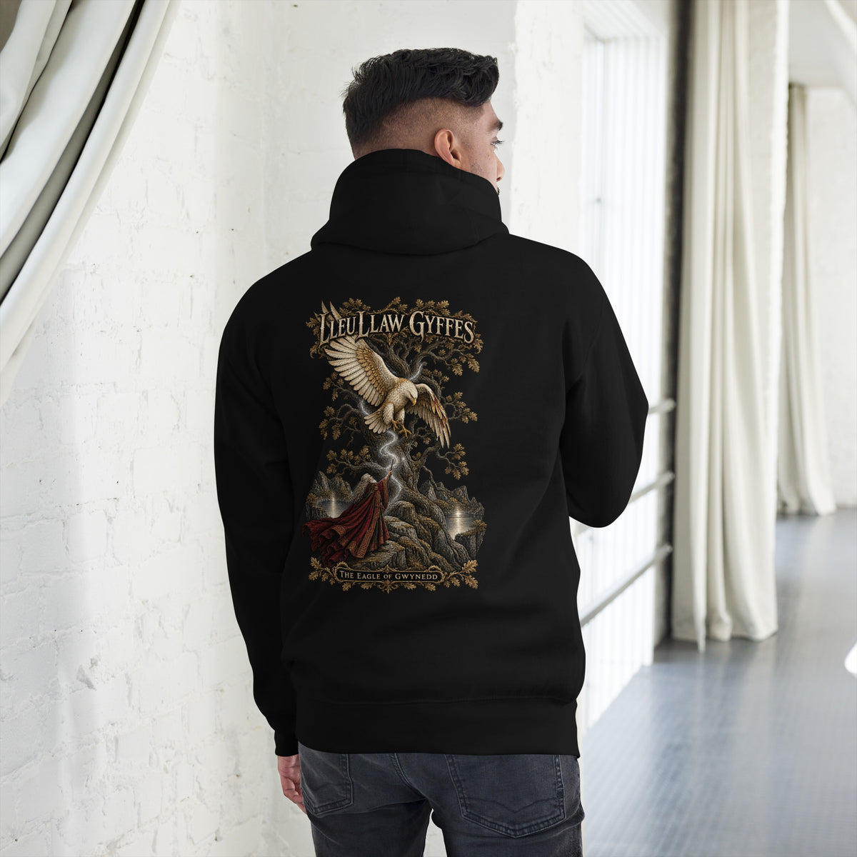 Back-view mockup of Lleu Llaw Gyffes black hoodie from Corrupt Couture's Mabinogion collection