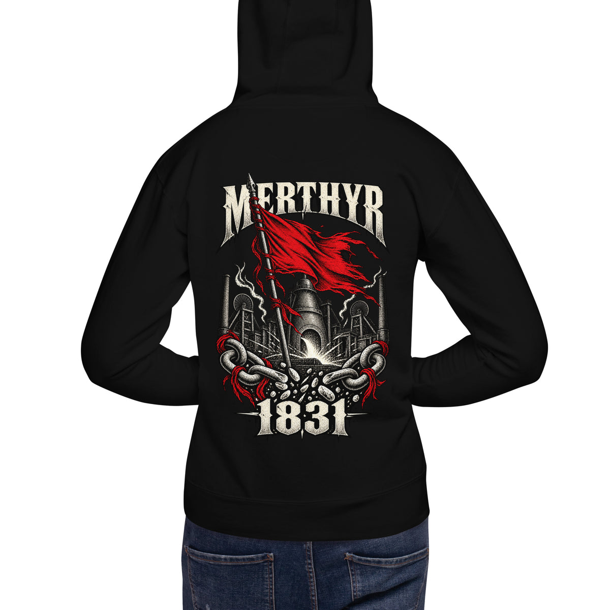 Back view of black Corrupt Couture Merthyr Rising premium hoodie