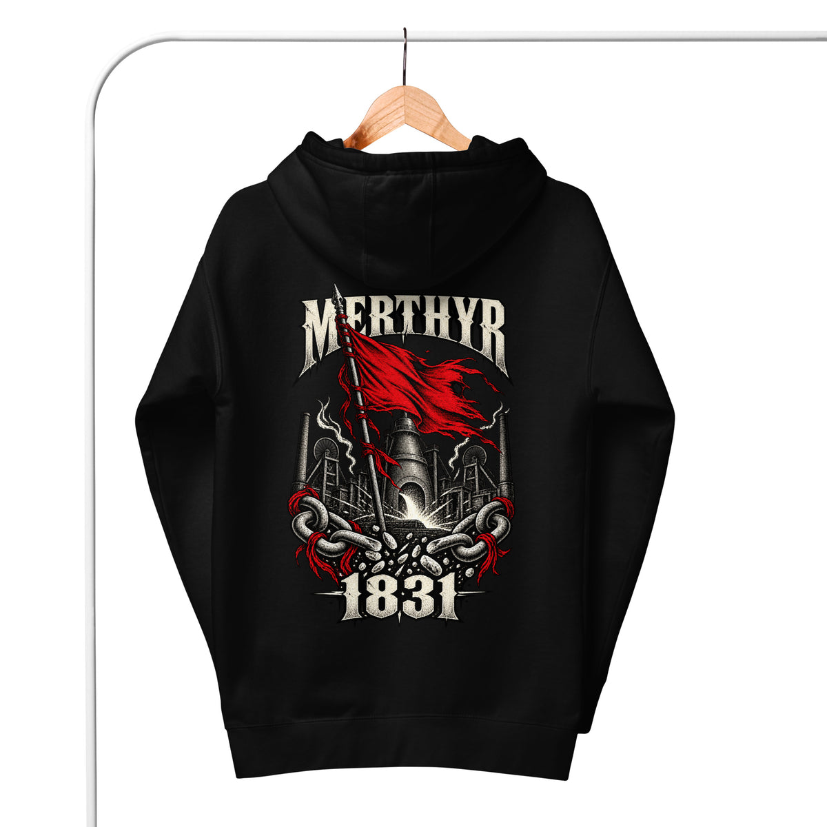 Back view of black Corrupt Couture Merthyr Rising premium hoodie