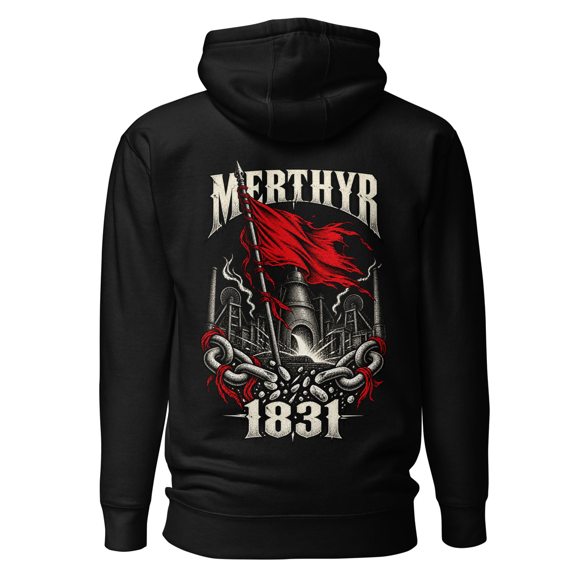 Back view of black Corrupt Couture Merthyr Rising premium hoodie