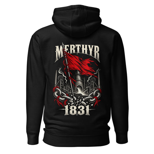 Back view of black Corrupt Couture Merthyr Rising premium hoodie