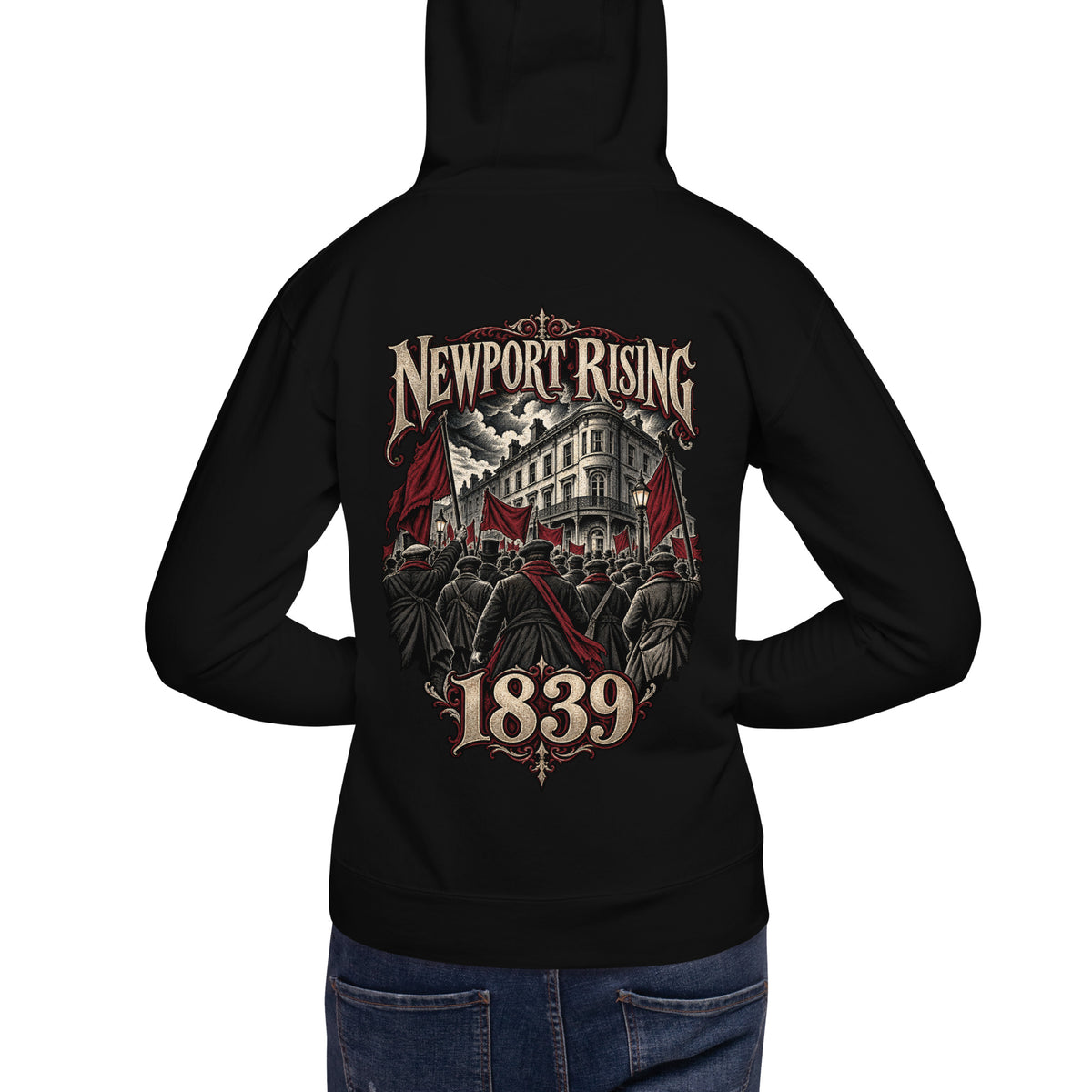 Back view of black Corrupt Couture Newport Rising premium hoodie