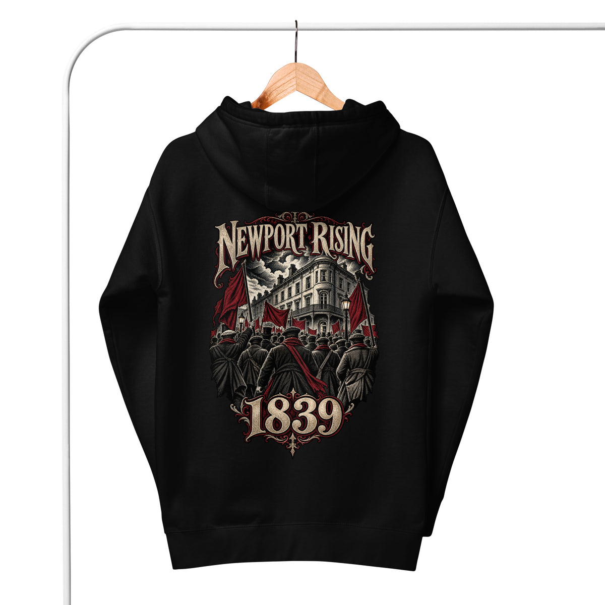 Back view of black Corrupt Couture Newport Rising premium hoodie