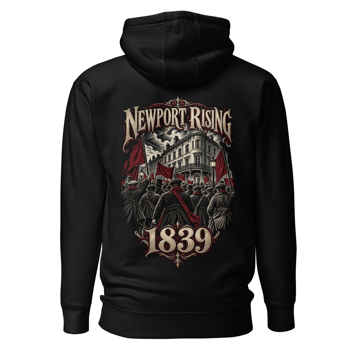 Back view of black Corrupt Couture Newport Rising premium hoodie