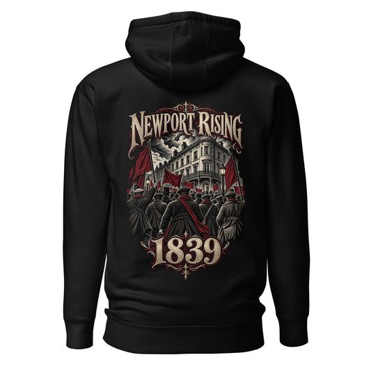 Back view of black Corrupt Couture Newport Rising premium hoodie