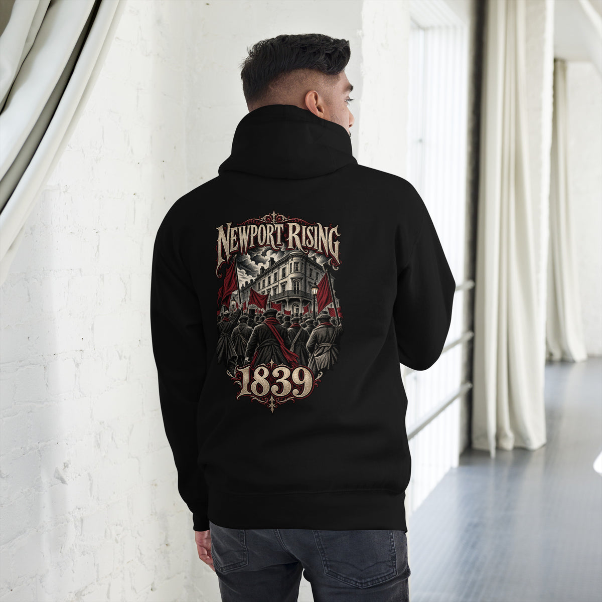 Back view of black Corrupt Couture Newport Rising premium hoodie