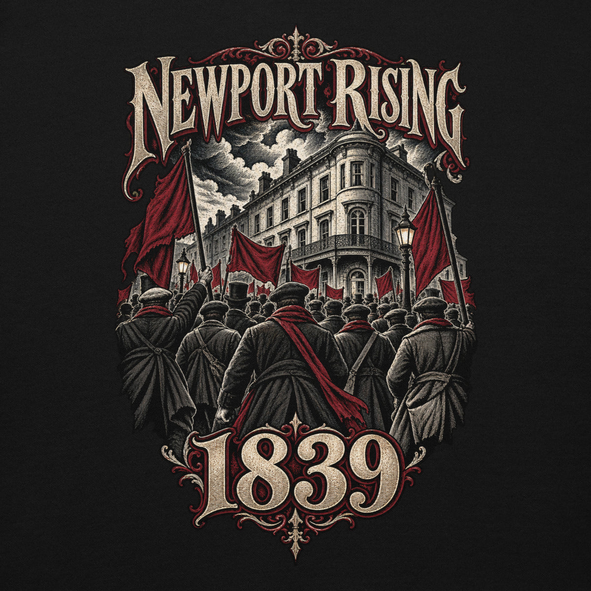 Back view of black Corrupt Couture Newport Rising premium hoodie