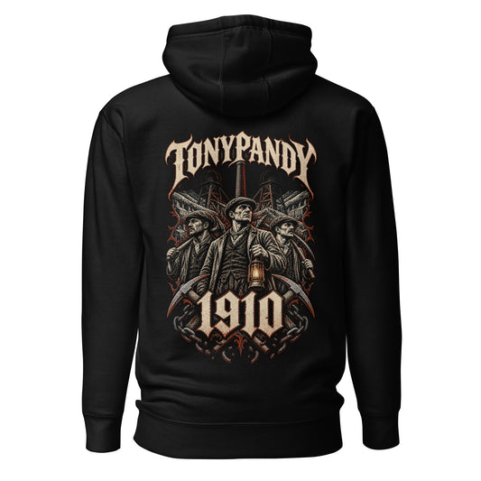 Back view of black Corrupt Couture Tonypandy 1910 premium hoodie