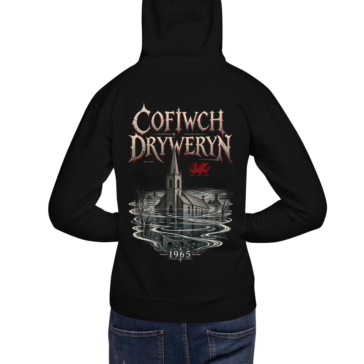 Back view of black Corrupt Couture Cofiwch Dryweryn premium hoodie