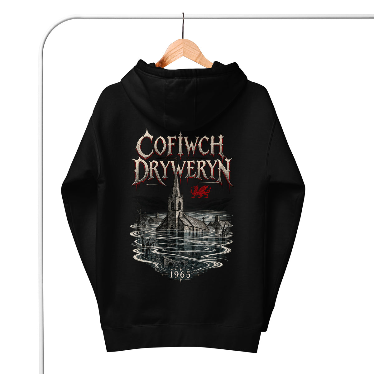 Back view of black Corrupt Couture Cofiwch Dryweryn premium hoodie
