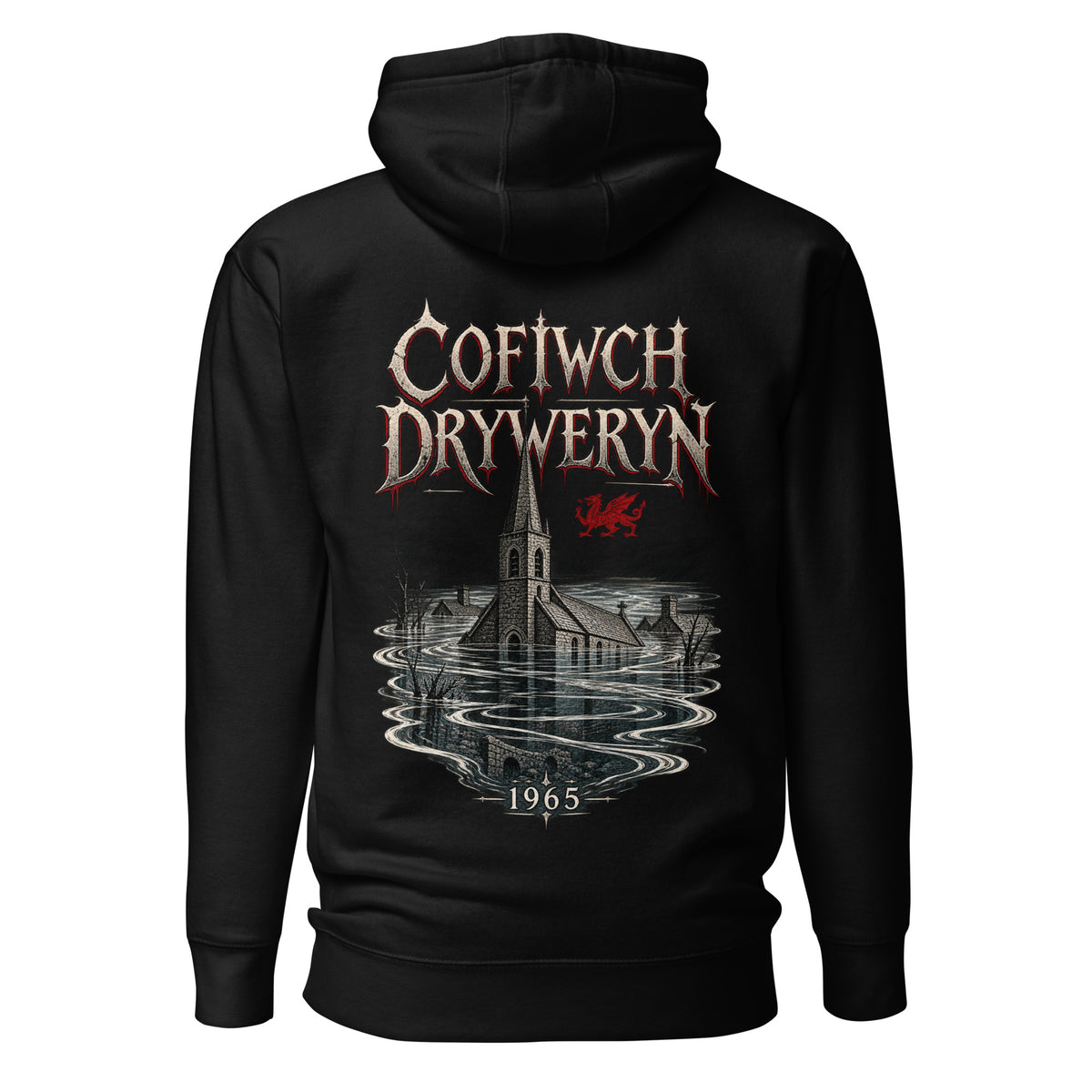 Back view of black Corrupt Couture Cofiwch Dryweryn premium hoodie