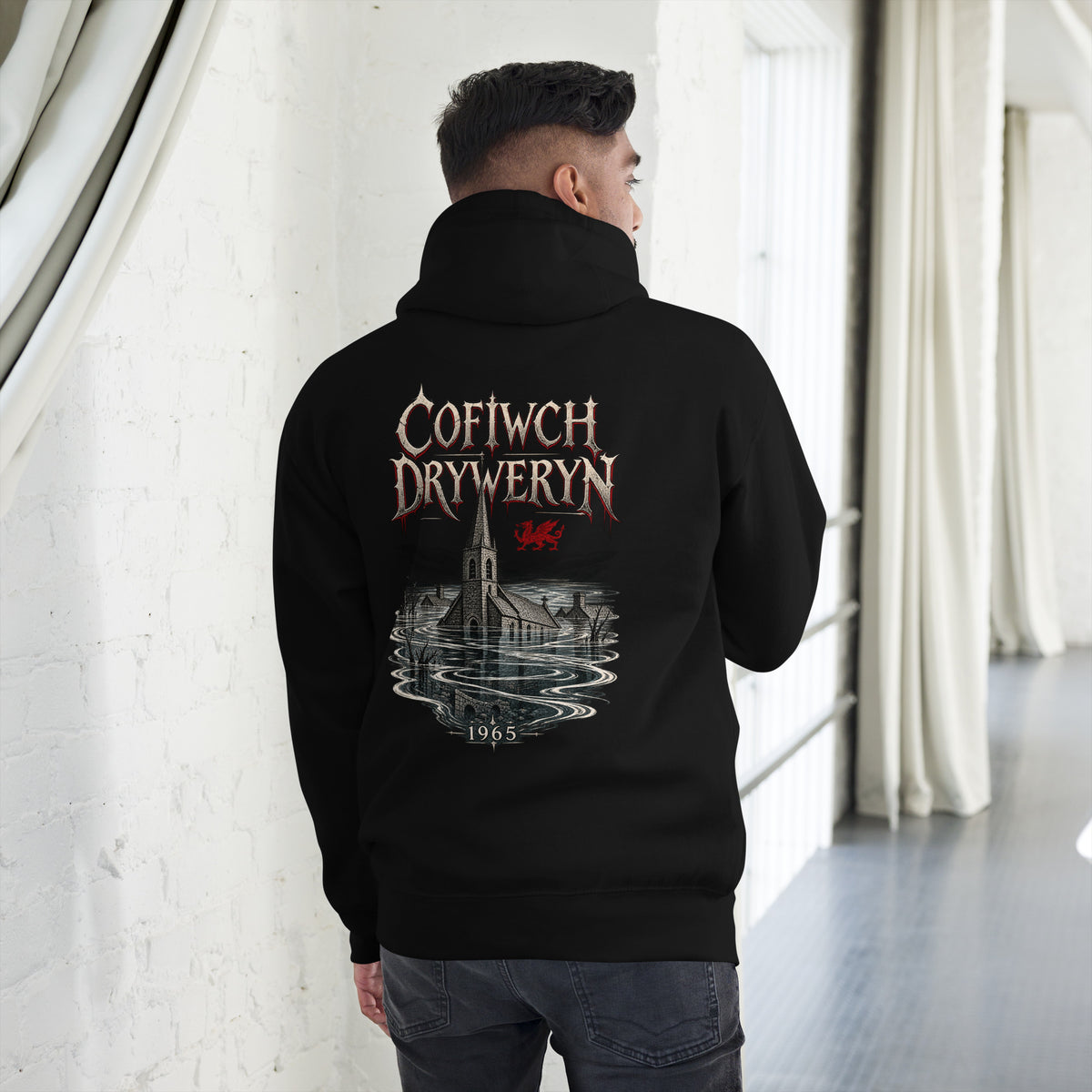 Back view of black Corrupt Couture Cofiwch Dryweryn premium hoodie