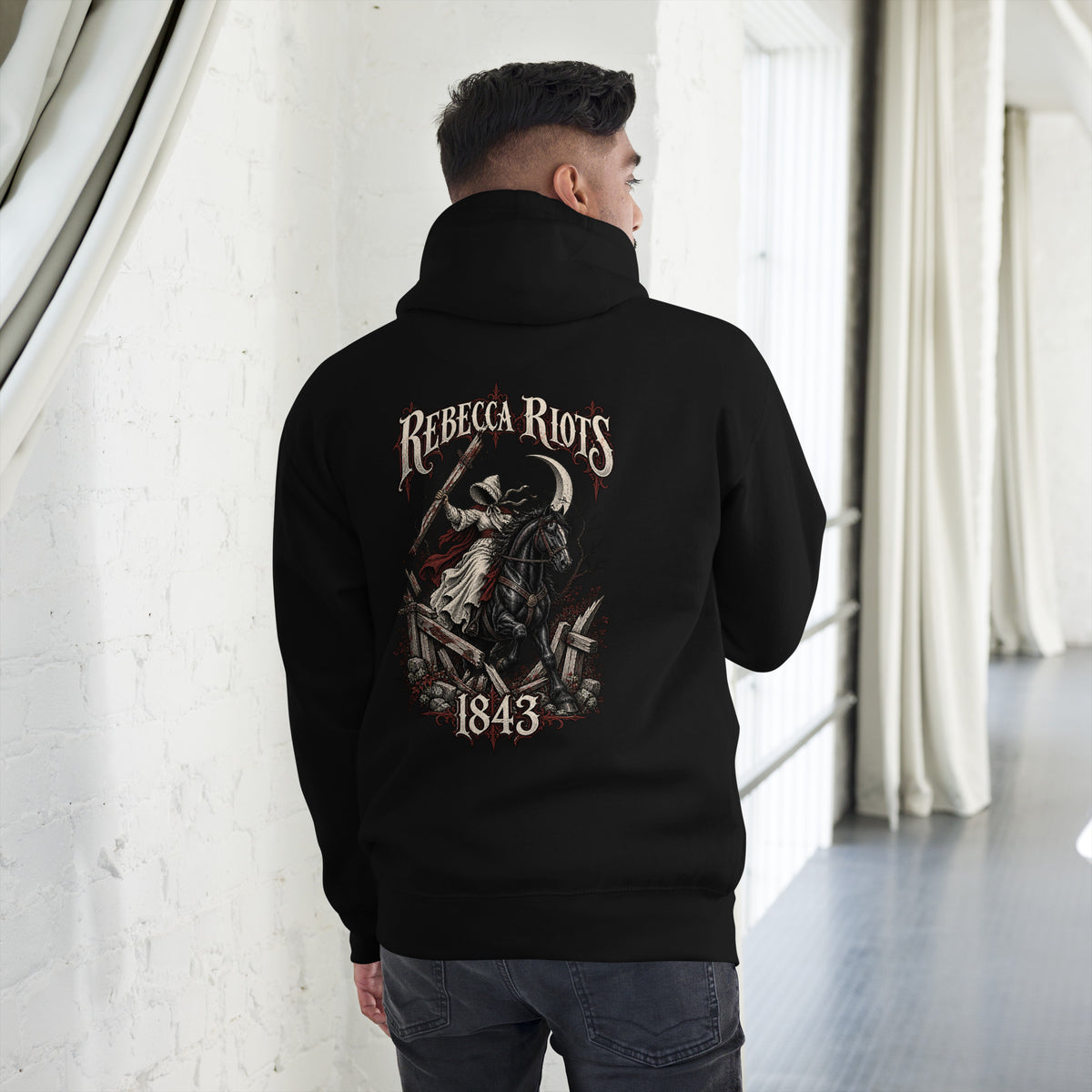 Back view of black Corrupt Couture Rebecca Riots premium hoodie