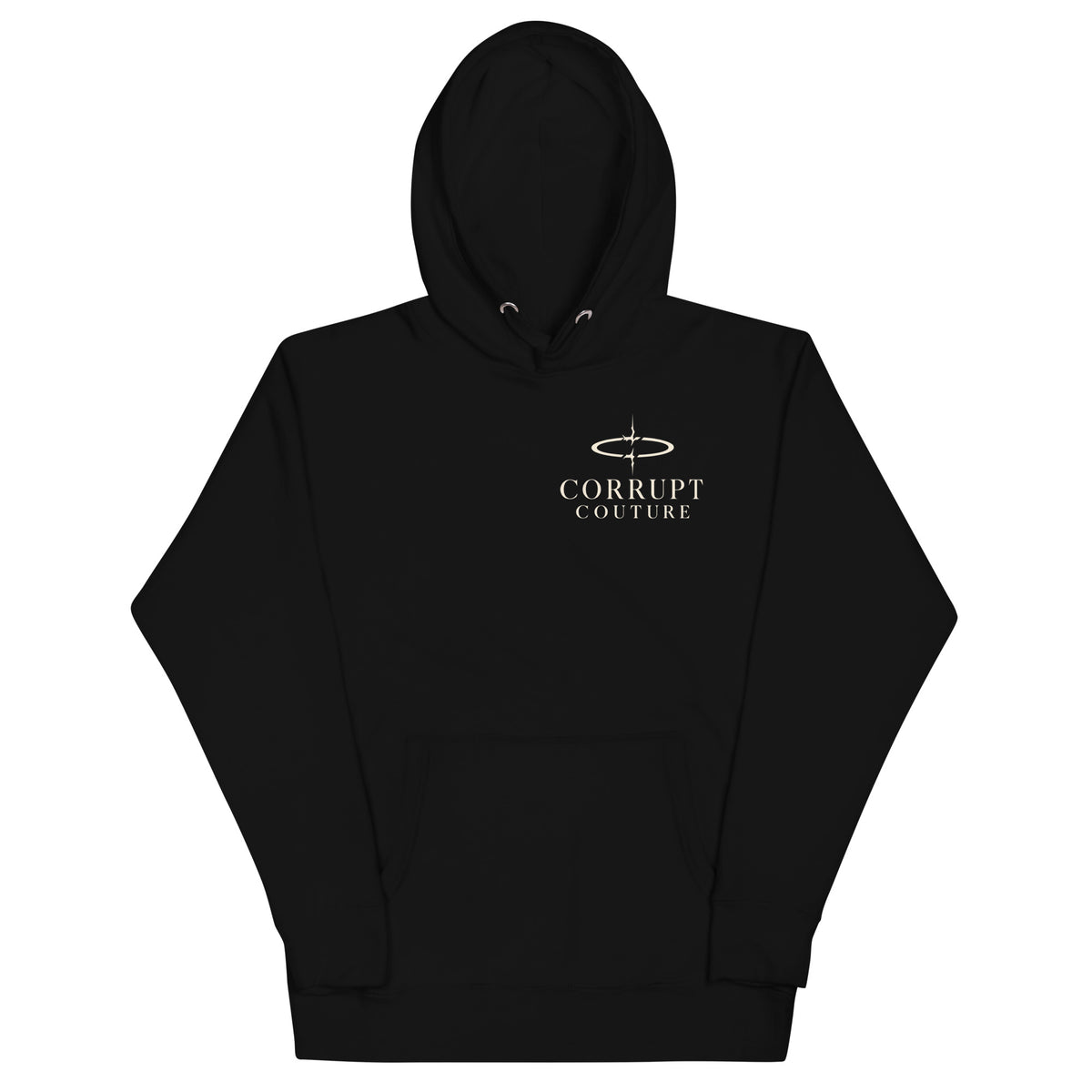 Alternative front view of black Corrupt Couture No Saints hoodie