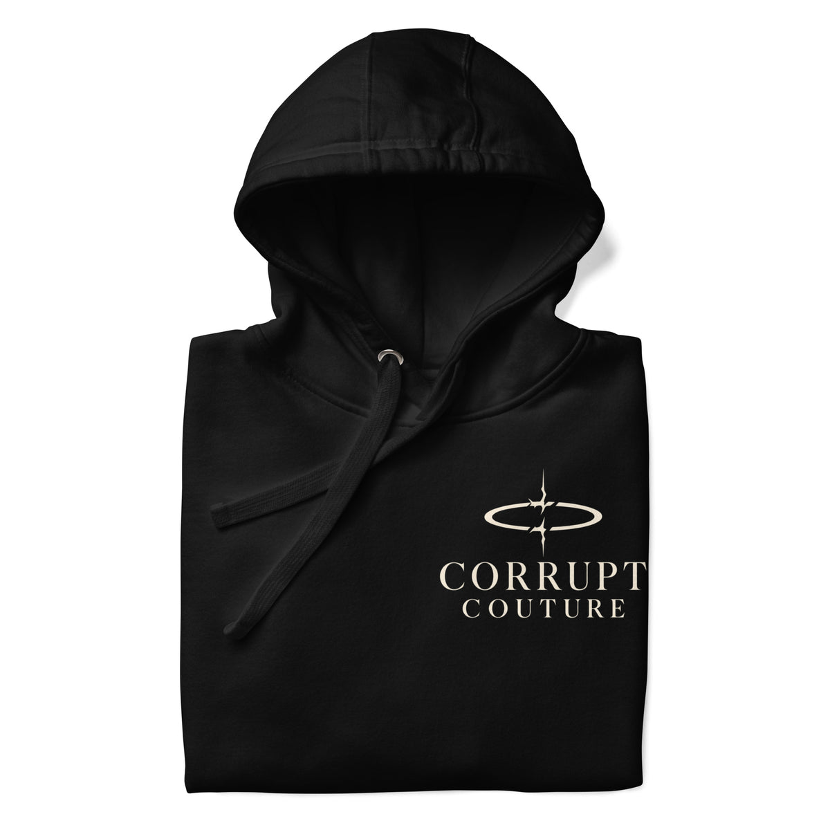 Full front view of black Corrupt Couture No Saints pullover hoodie