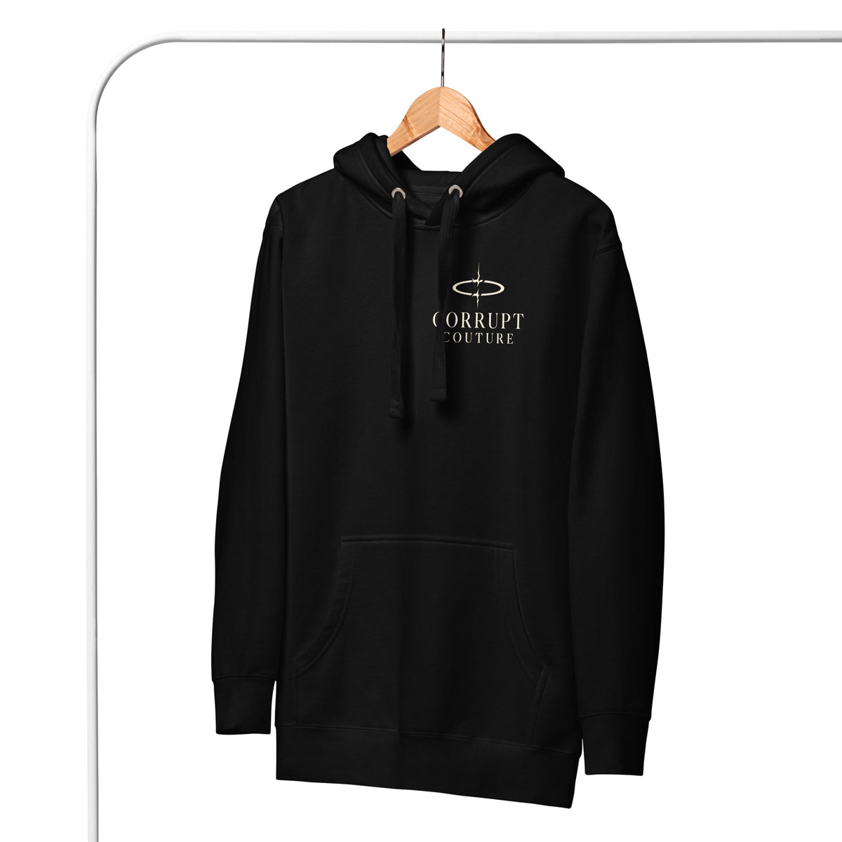 Alternative full front view of black Corrupt Couture No Saints hoodie