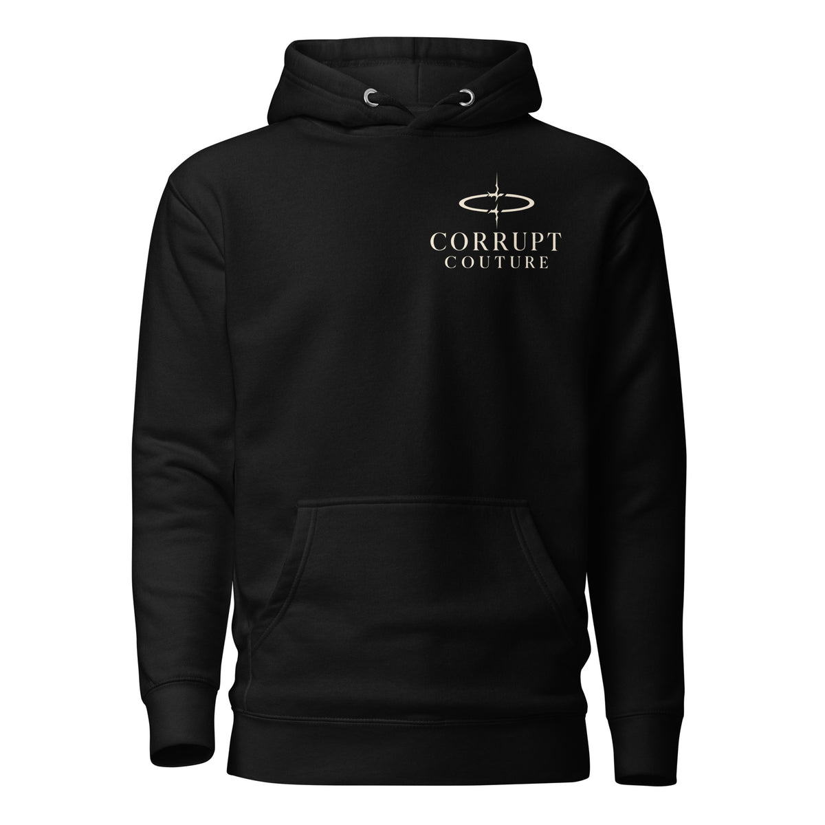 Front view of black Corrupt Couture No Saints unisex hoodie