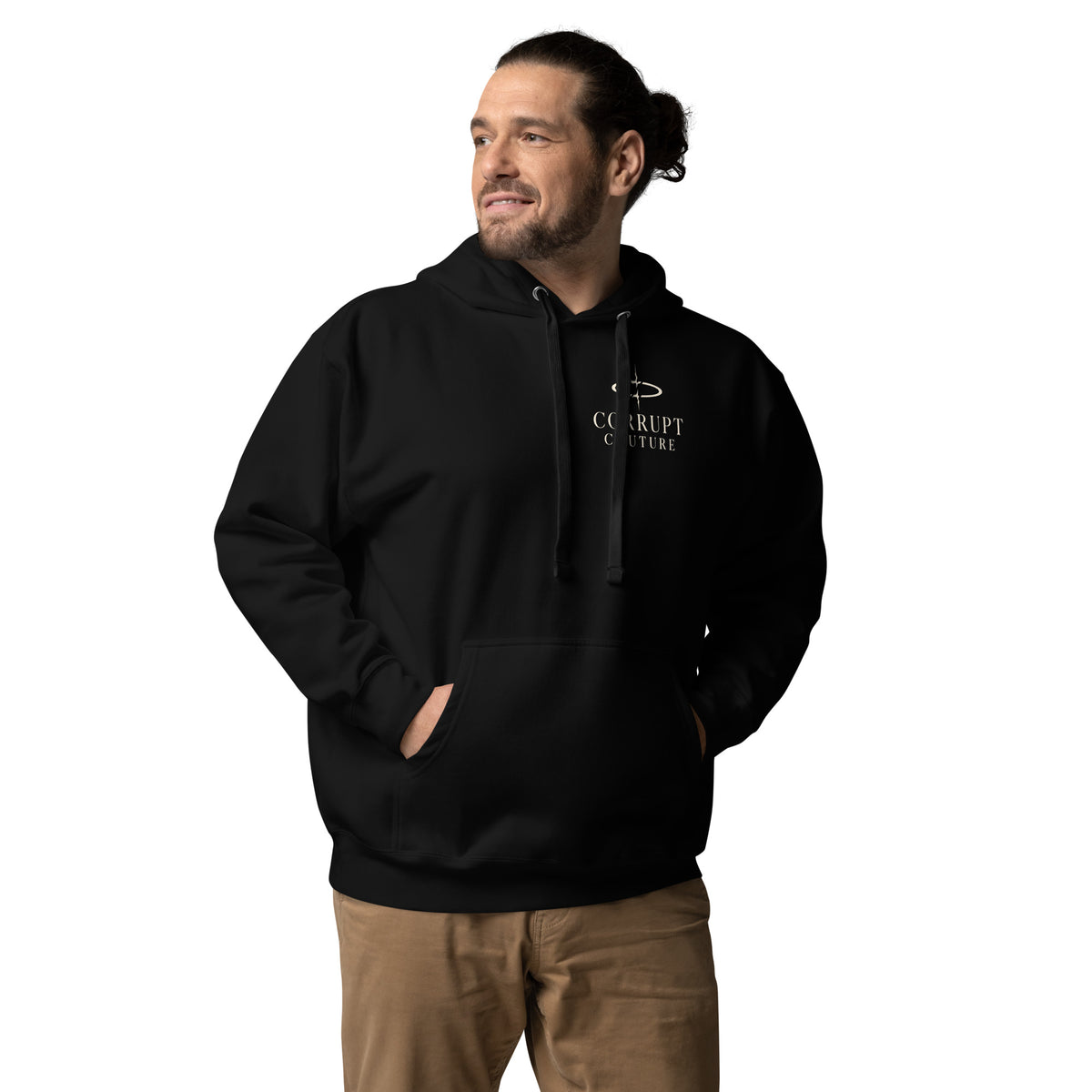 Additional front view of black Corrupt Couture No Saints hoodie