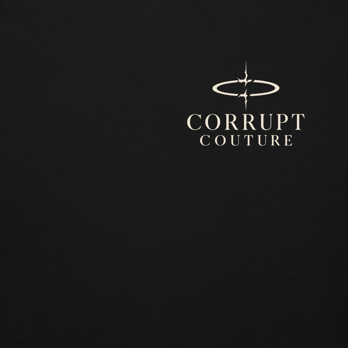 Front product mockup of black Corrupt Couture No Saints hoodie