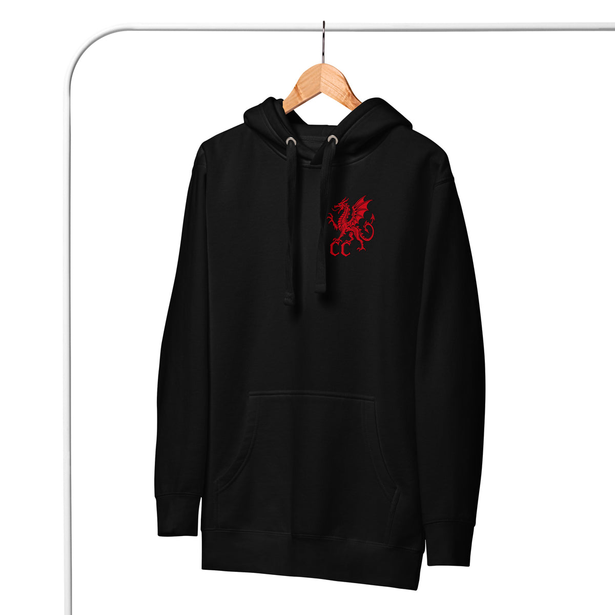 Front view of Afanc black hoodie in the Corrupt Couture Welsh Legends collection