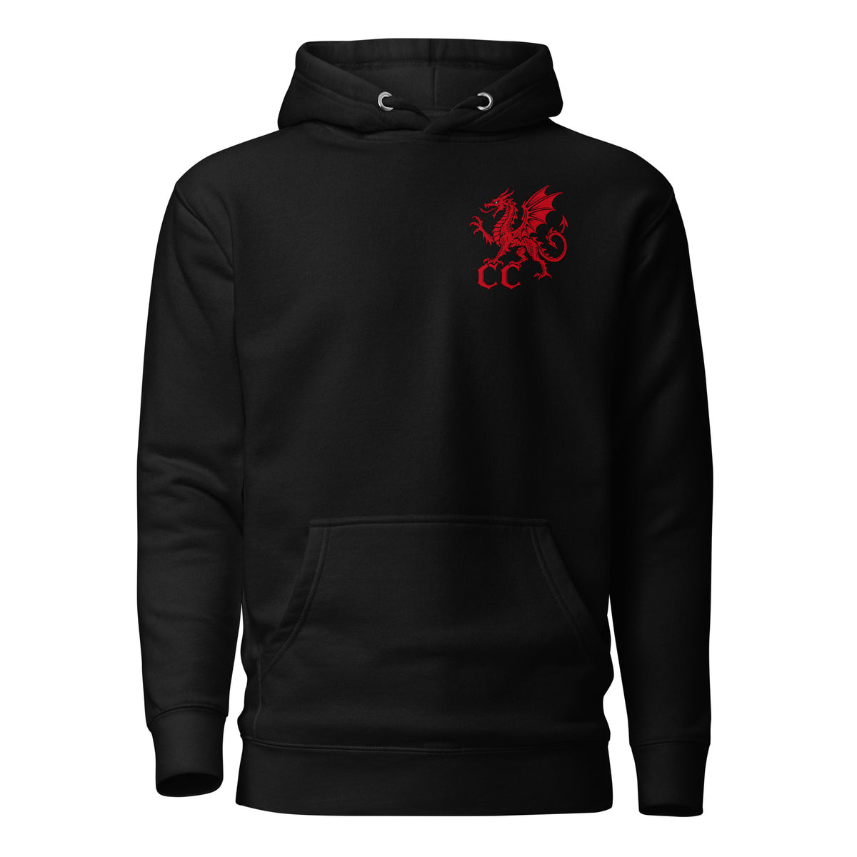 Front view of Afanc black hoodie in the Corrupt Couture Welsh Legends collection