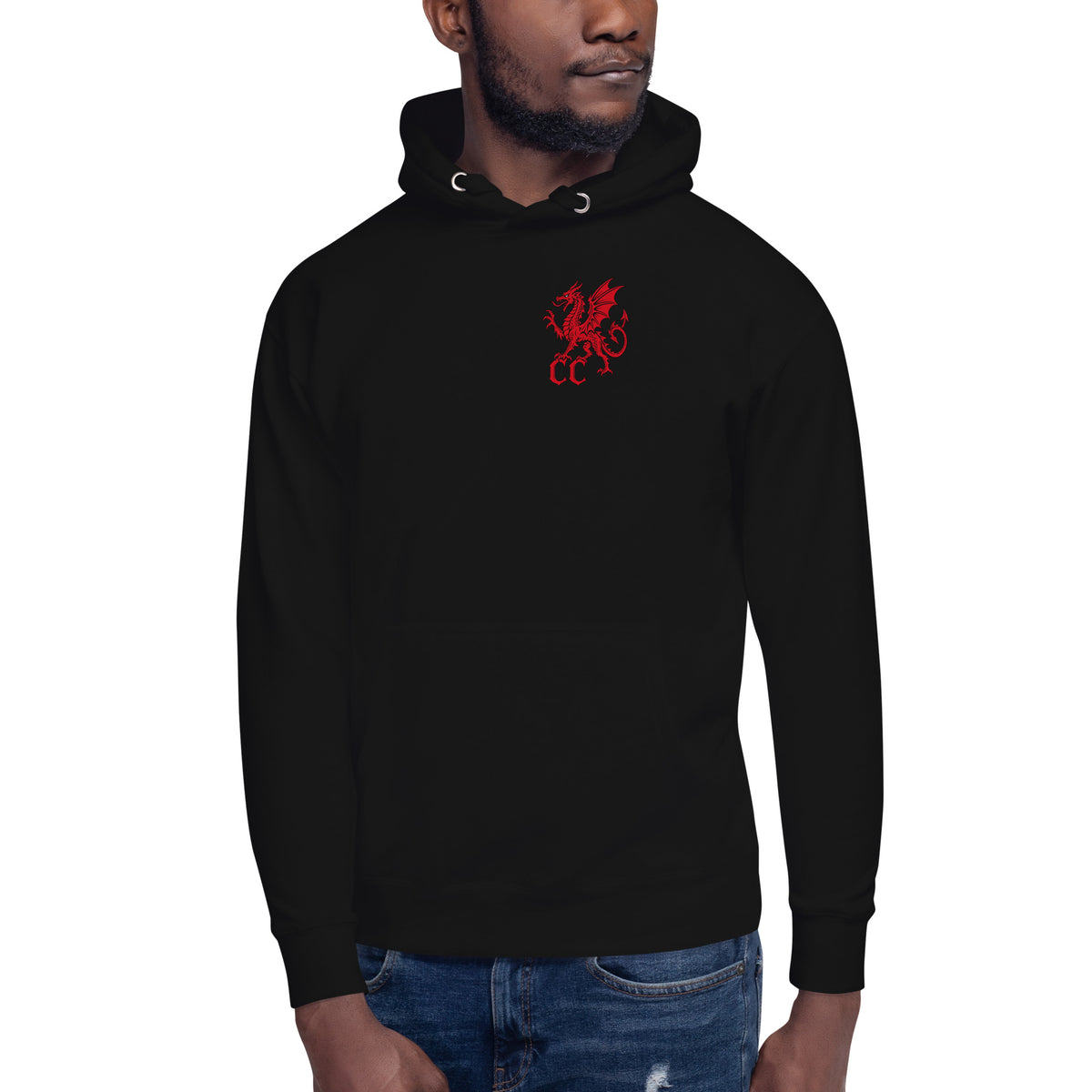 Front view of Llyn y Fan Fach black hoodie in the Corrupt Couture Welsh Legends collection