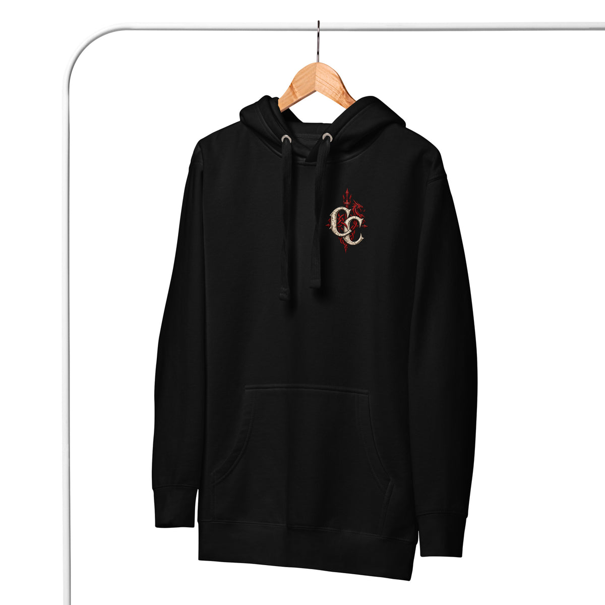 Front-view mockup of Blodeuwedd black hoodie from Corrupt Couture's Mabinogion collection