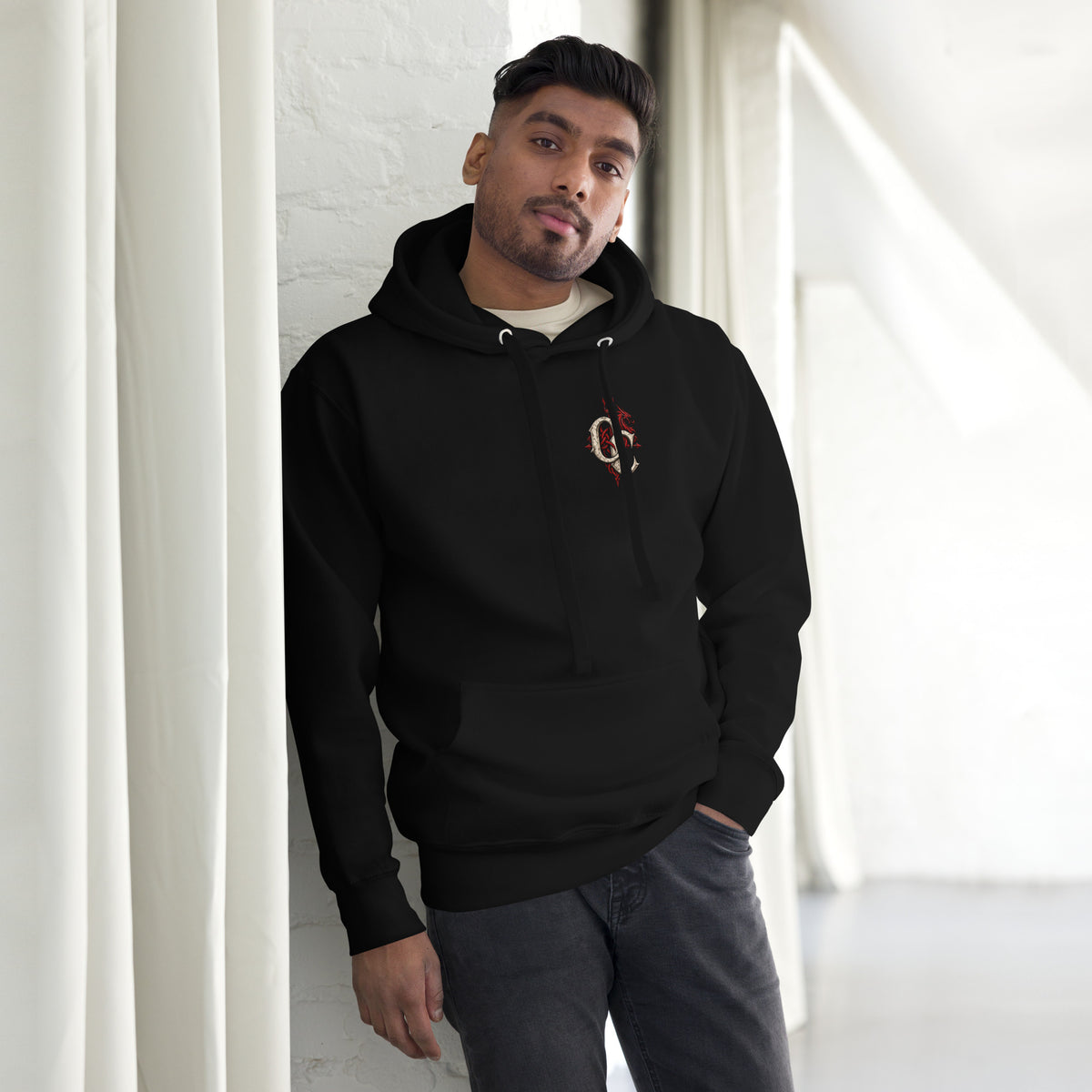 Front-view mockup of Blodeuwedd black hoodie from Corrupt Couture's Mabinogion collection