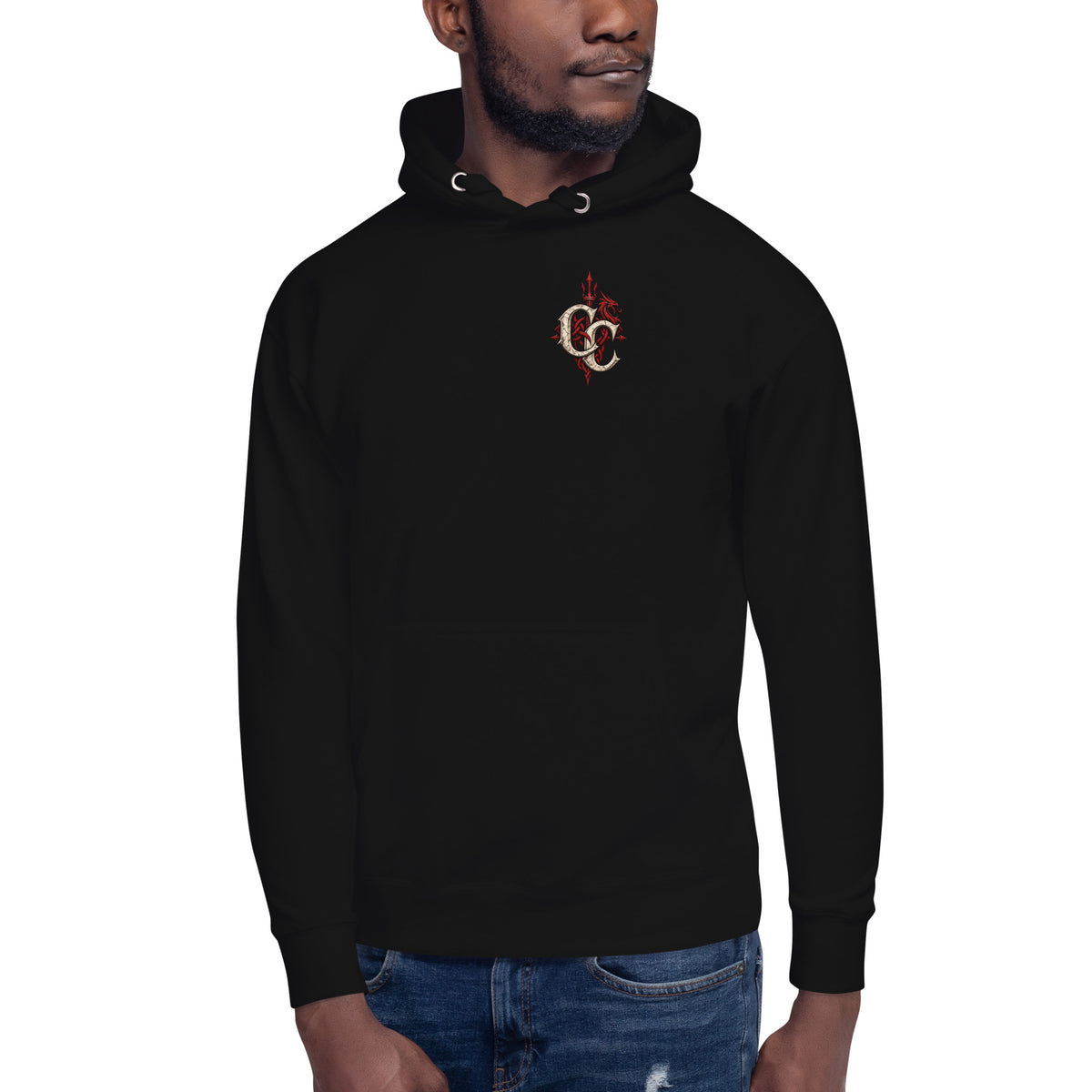 Front-view mockup of Twrch Trwyth black hoodie from Corrupt Couture's Mabinogion collection