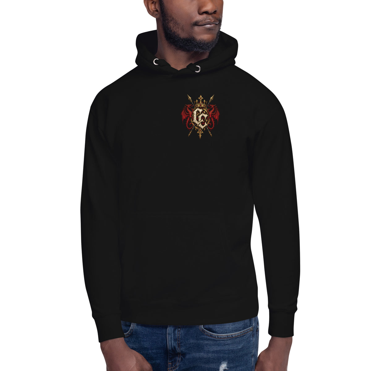 Front view of black Corrupt Couture Newport Rising premium hoodie