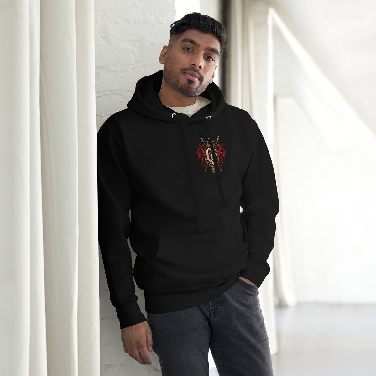 Front view of black Corrupt Couture Rebecca Riots premium hoodie