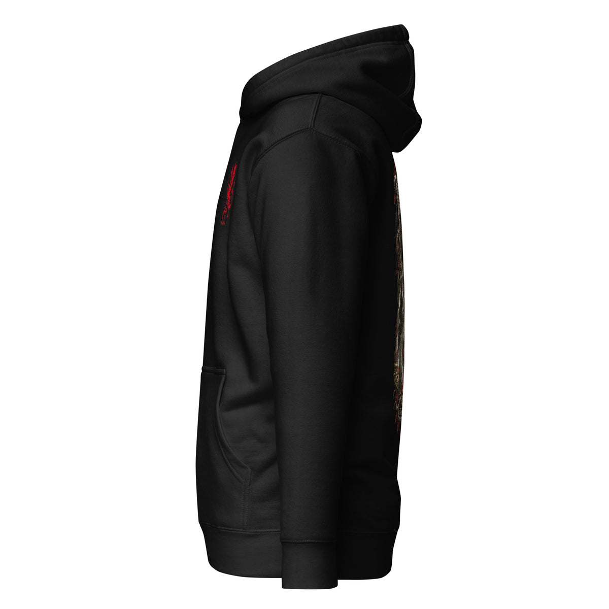 Left side of Tylwyth Teg black hoodie in the Corrupt Couture Welsh Legends collection