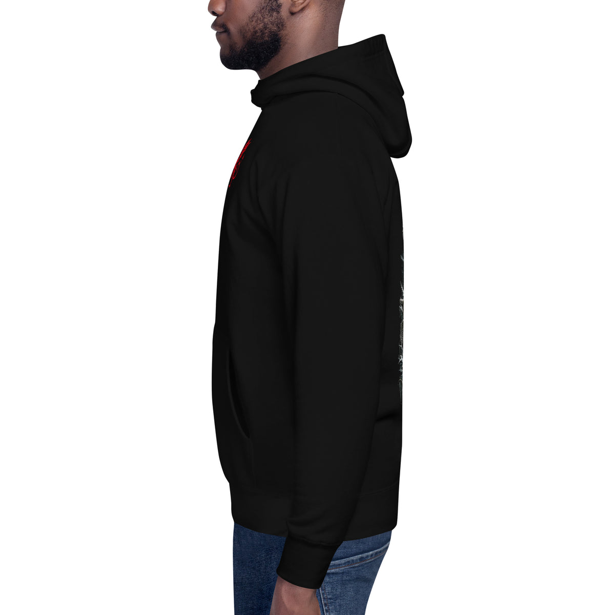 Left side of Afanc black hoodie in the Corrupt Couture Welsh Legends collection