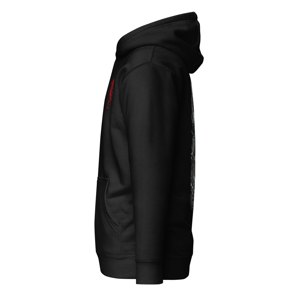 Left side of Afanc black hoodie in the Corrupt Couture Welsh Legends collection