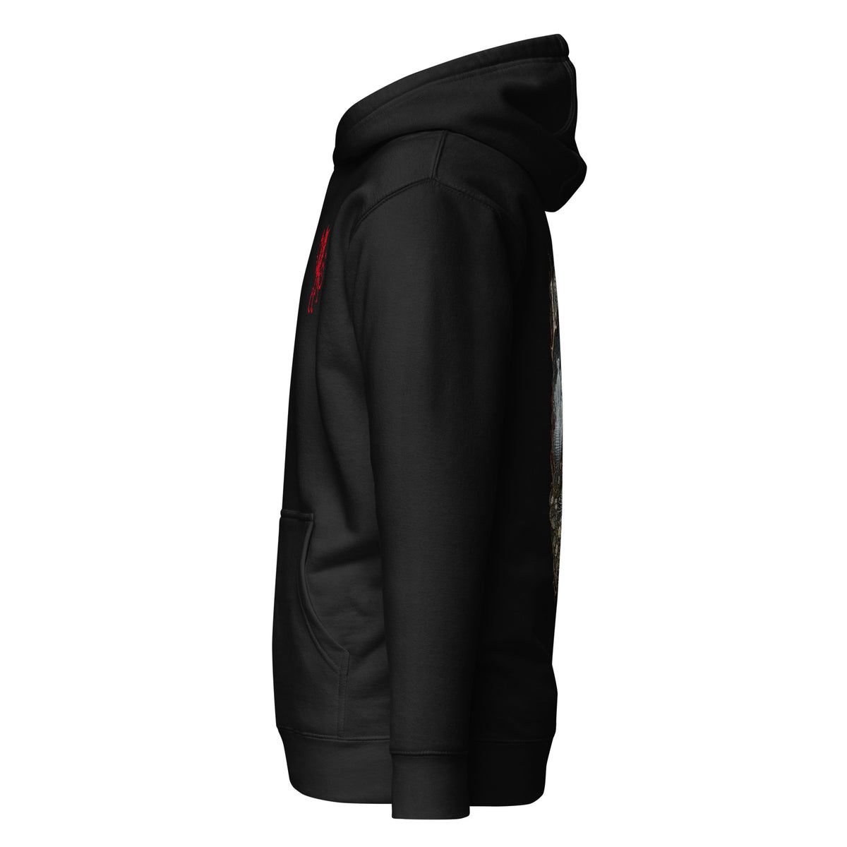 Left side of Llyn y Fan Fach black hoodie in the Corrupt Couture Welsh Legends collection