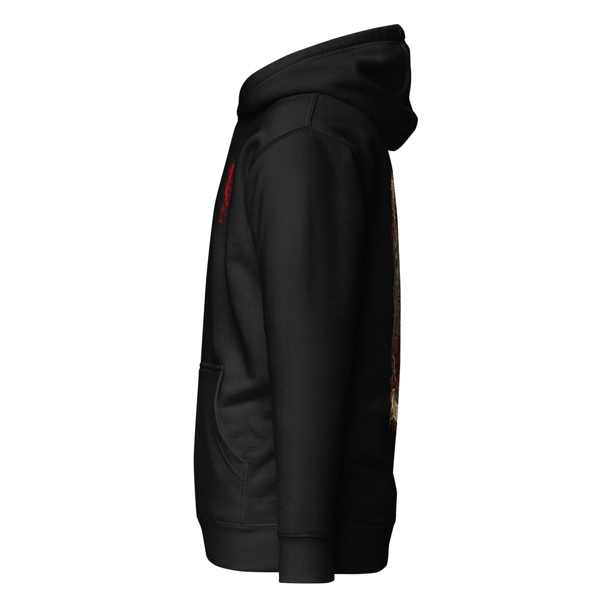 Left side of Pontarfynach black hoodie in the Corrupt Couture Welsh Legends collection