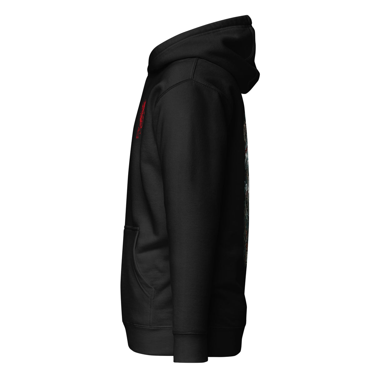 Left side of Cantre'r Gwaelod black hoodie in the Corrupt Couture Welsh Legends collection