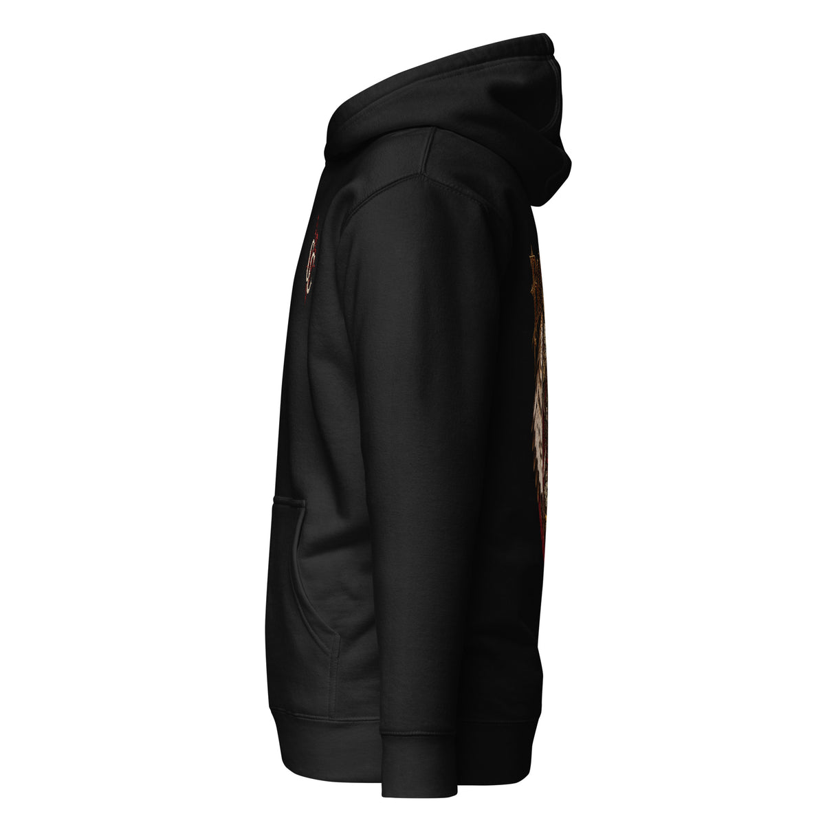 Left-side mockup of Blodeuwedd black hoodie from Corrupt Couture's Mabinogion collection