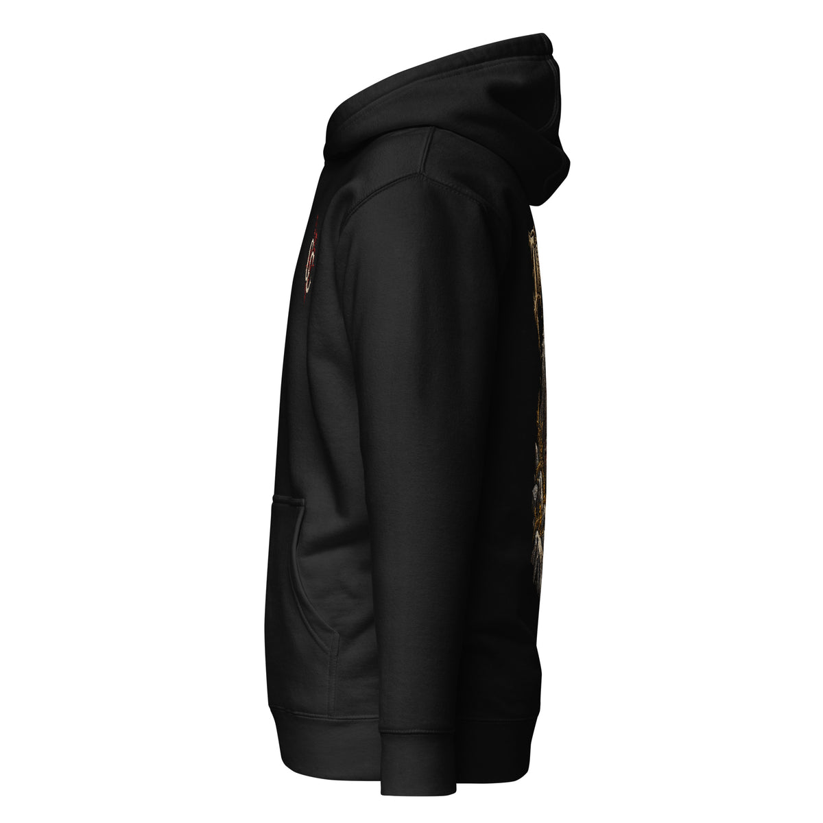 Left-side mockup of Twrch Trwyth black hoodie from Corrupt Couture's Mabinogion collection