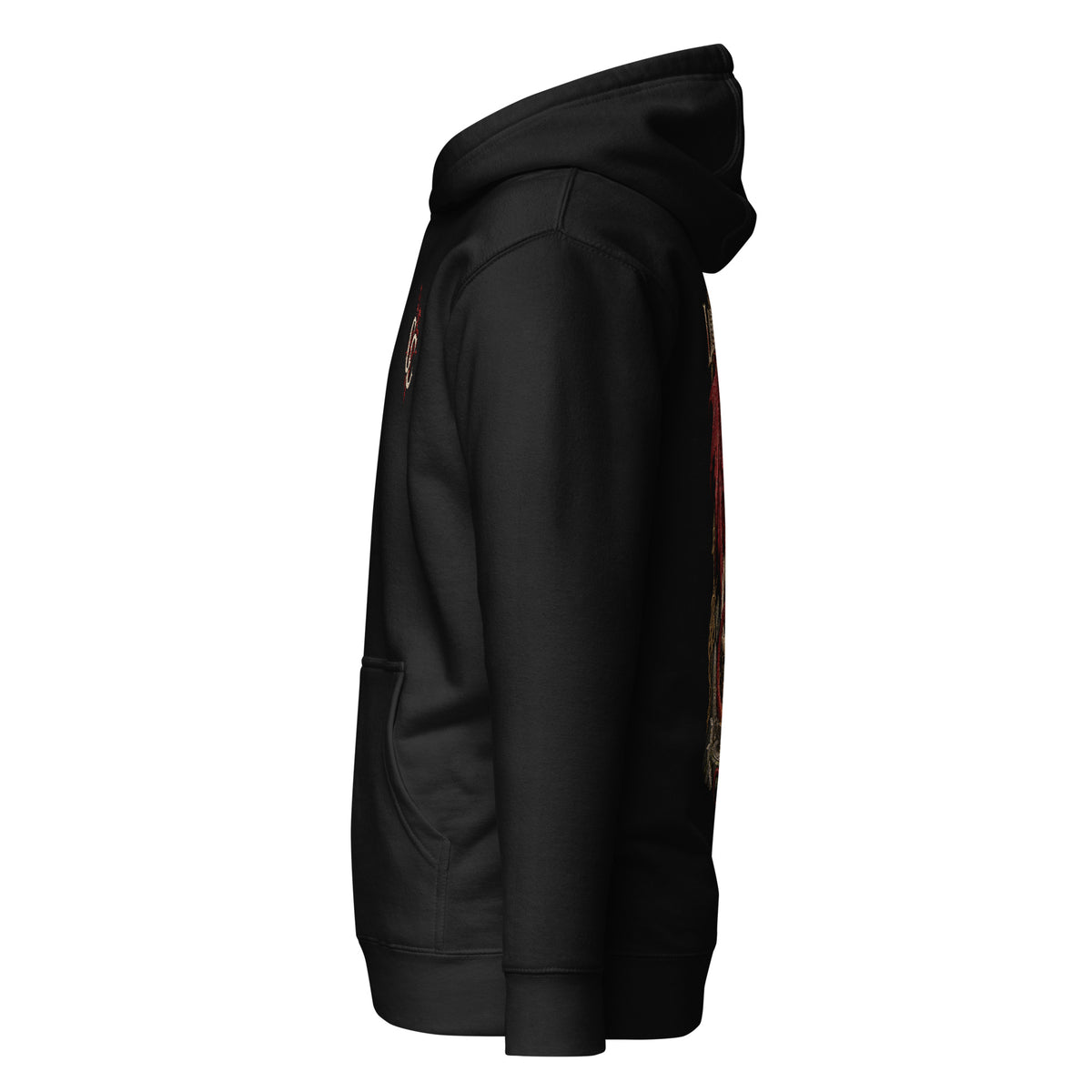 Left-side mockup of Lludd & Llefelys black hoodie from Corrupt Couture's Mabinogion collection