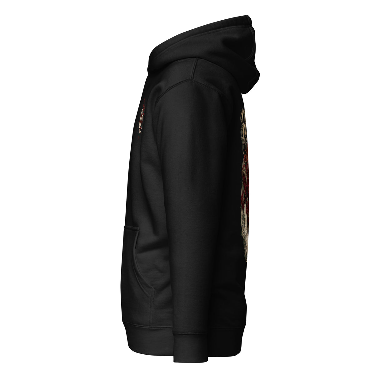 Left-side mockup of Rhiannon black hoodie from Corrupt Couture's Mabinogion collection