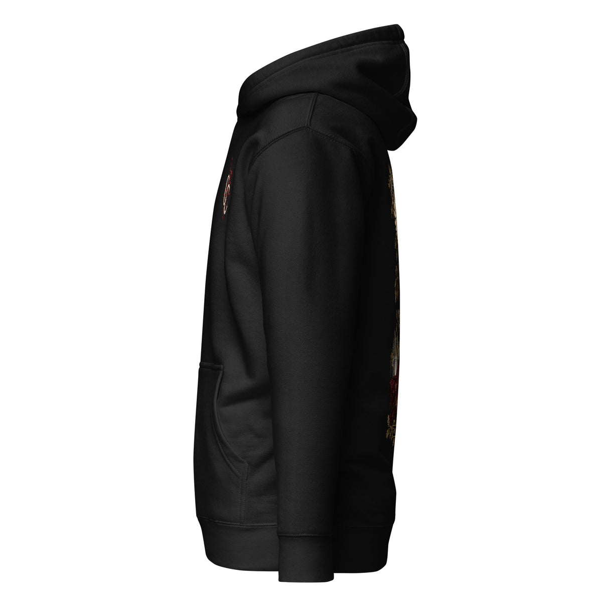 Left-side mockup of Lleu Llaw Gyffes black hoodie from Corrupt Couture's Mabinogion collection