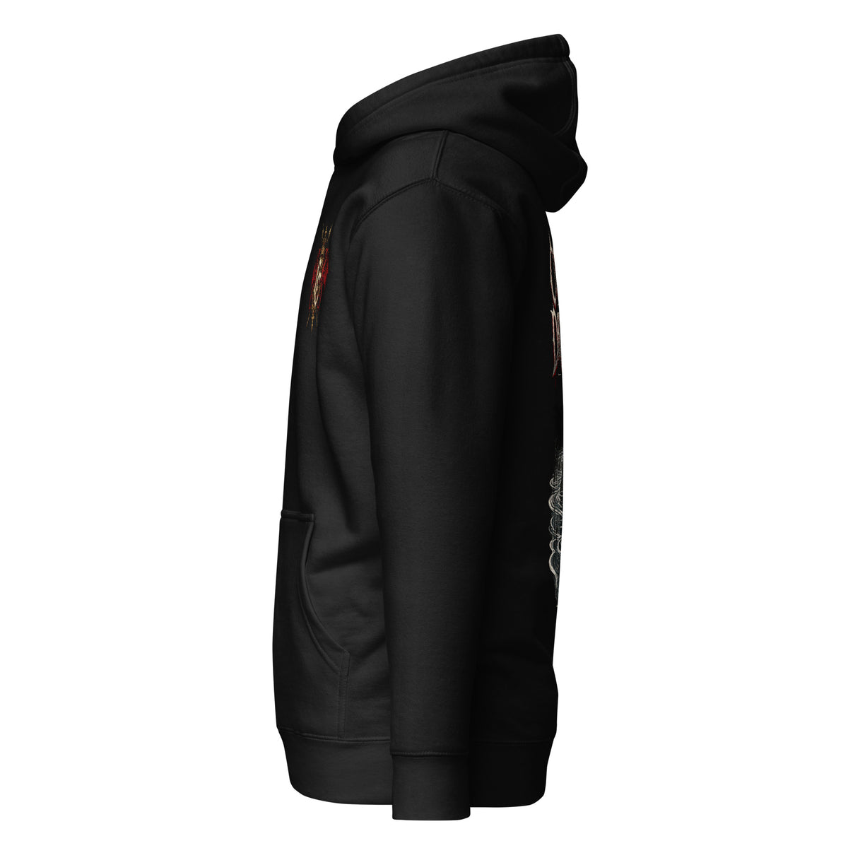 Left-side view of black Corrupt Couture Cofiwch Dryweryn premium hoodie