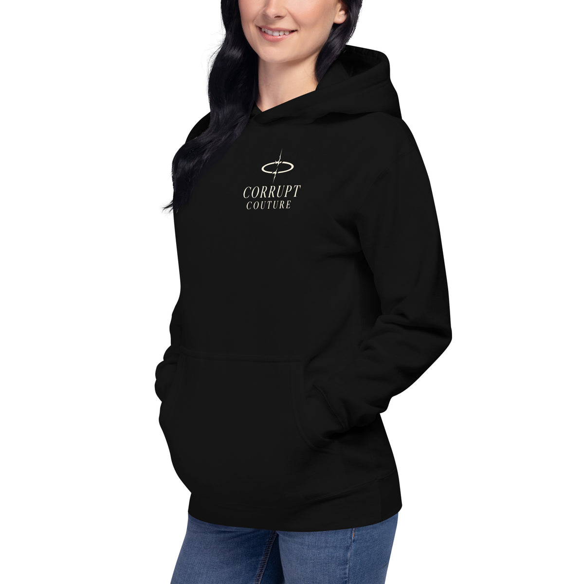 Left-front angled view of black Corrupt Couture No Saints hoodie