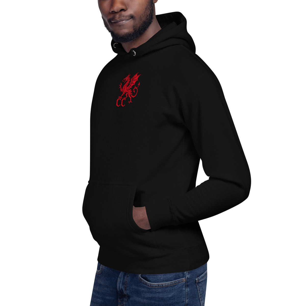 Front view of Gelert black hoodie in the Corrupt Couture Welsh Legends collection
