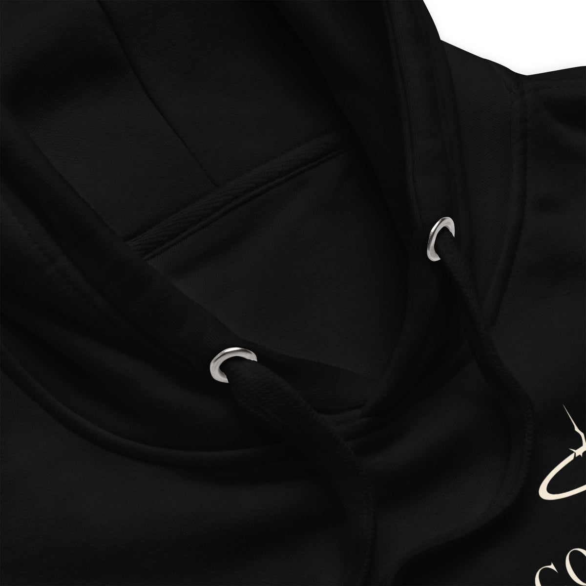 Garment detail view of black Corrupt Couture No Saints hoodie